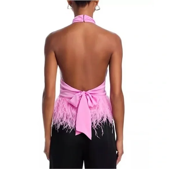Ramy Brook Pink Feather Trim Halter Top